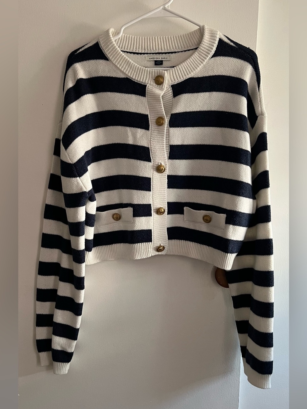 American Eagle Outfitters Navy and White Striped Cropped Cardigan Sweater